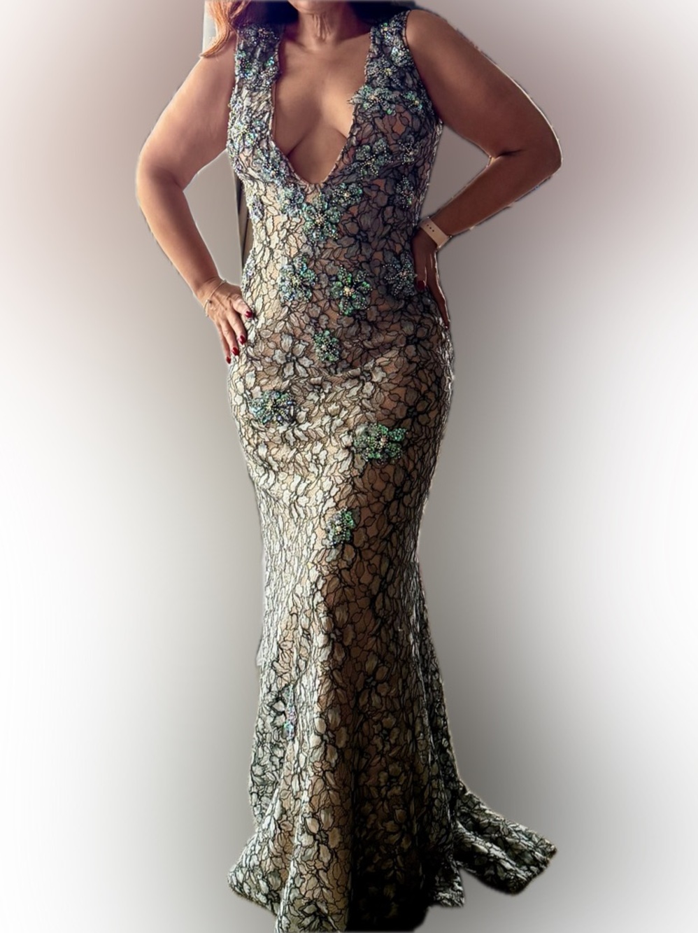 Jovani Teal Lace and Sequin Maxi Gown - Picture 3 of 4